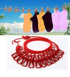 Corde à linge élastique avec de 2 crochets et 12 pinces